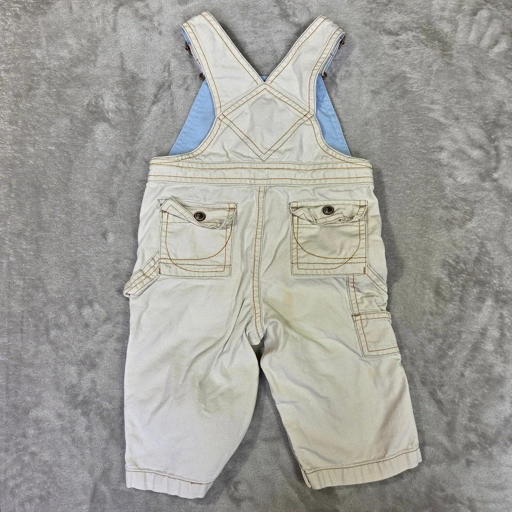 Vintage Gymboree Tan Canvas Cargo Overalls Train Patch 6-12 Months Retro